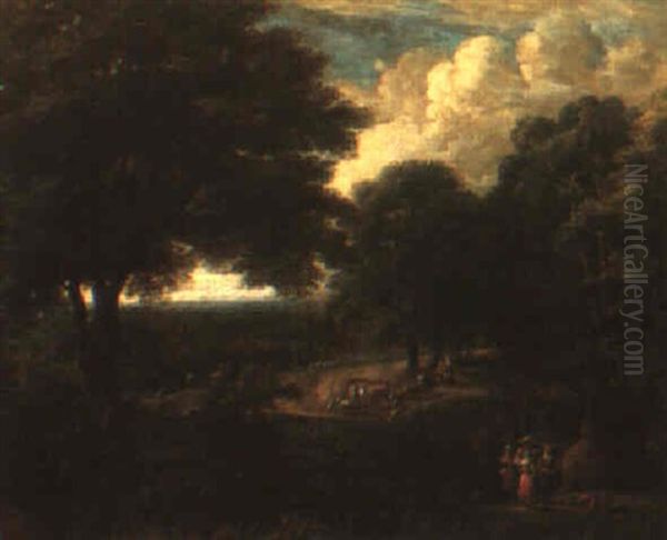 Wooded Italianate Landscape With Figures Oil Painting by Pieter Bout