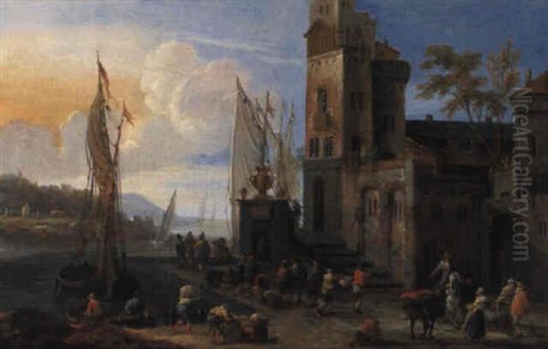 A Mediterranean Port With Fisherfolk And Merchants On A Quayside Oil Painting by Pieter Bout