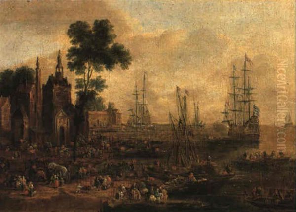 Peasants Loading Packages Onto Wagons In A Harbour Oil Painting by Pieter Bout