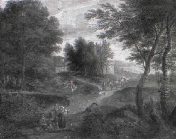 An Italianate Landscape With Travellers On A Track, A Town Beyond Oil Painting by Pieter Bout