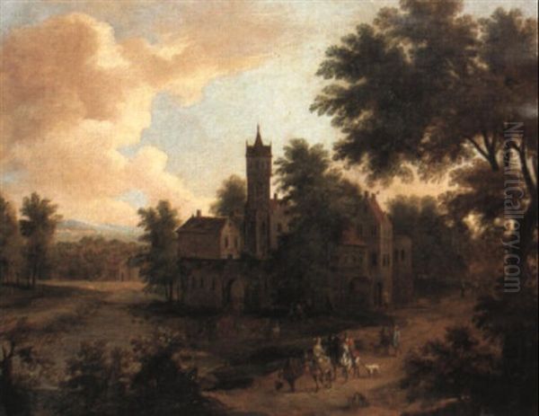 A Wooded Landscape With A Hawking Party Near A Walled Town Oil Painting by Pieter Bout