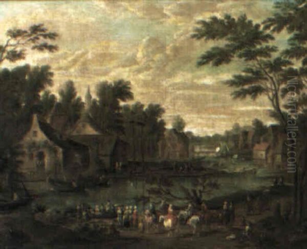 River Landscape With A Town And Figures Oil Painting by Pieter Bout