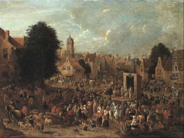 Actors From The Commedia Dell'arte Performing For Villagers Oil Painting by Pieter Bout