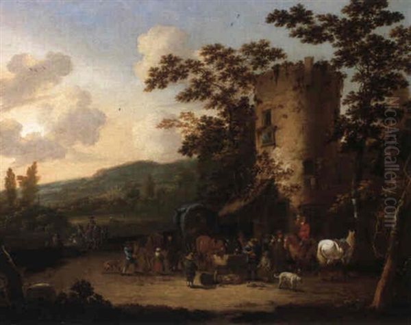 Travellers And Peasants Halted By A Ruined Tower Oil Painting by Pieter Bout