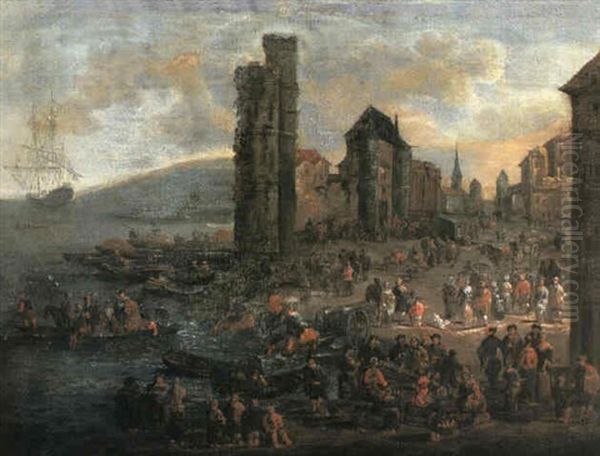 A Harbour With A Ferry Boat And Numerous Figures On The     Shoreline Oil Painting by Pieter Bout