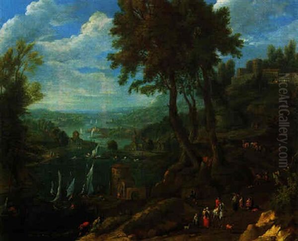 Gebirgige Flusslandschaft Mit Booten Und Vielen Figuren Oil Painting by Pieter Bout