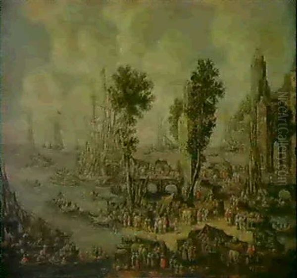 Vue D'un Port De Mer Avec Scenede Marche A Quai Oil Painting by Pieter Bout