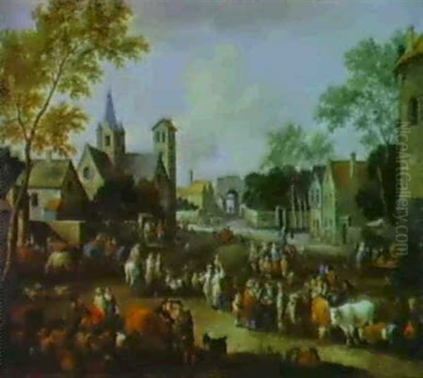 Dorflandschaft Mit Einem Markt Und Vielen Figuren Oil Painting by Pieter Bout