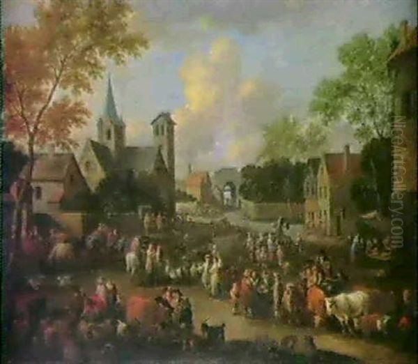 A Town Square On Market Day Oil Painting by Pieter Bout