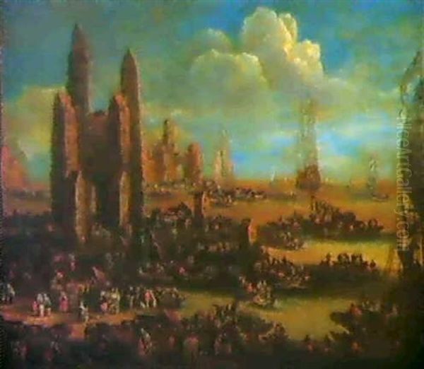 Eine Hafenstadt Mit Vielen Figuren Oil Painting by Pieter Bout