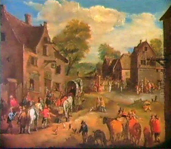 Dorfstrasse Mit Planwagen Vor Einem Wirtshaus. Oil Painting by Pieter Bout