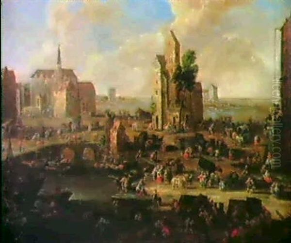 Eine Hafenstadt Mit Vielen Figuren Oil Painting by Pieter Bout