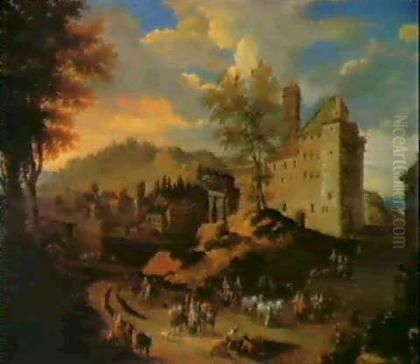 Ausflug In Die Campagna. Italienische Landschaft Mit Befestigtem Dorf... Oil Painting by Pieter Bout