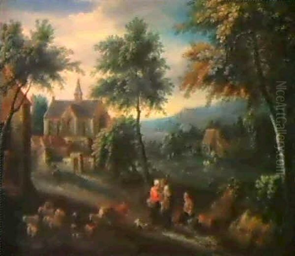 Waldlandschaft Mit Bauern Und Einer Herde Vor Einem Dorf Oil Painting by Pieter Bout