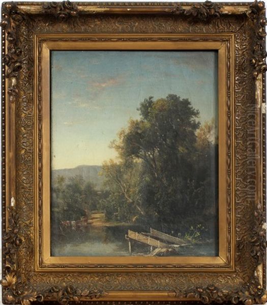 Dock With Cows At Waters Edge Oil Painting by Dewitt Clinton Boutelle