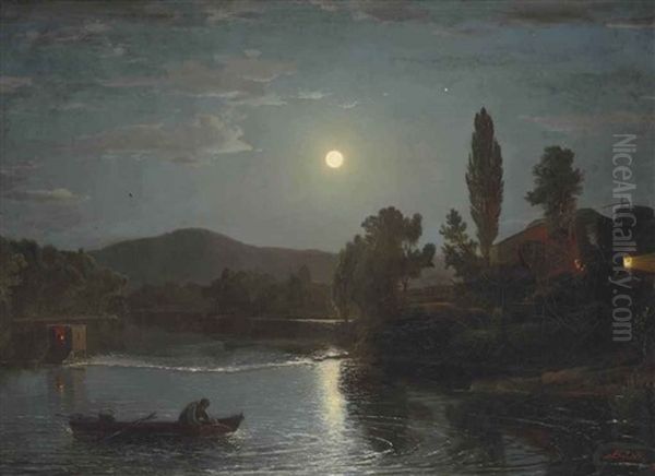 A Night River Scene Oil Painting by Dewitt Clinton Boutelle