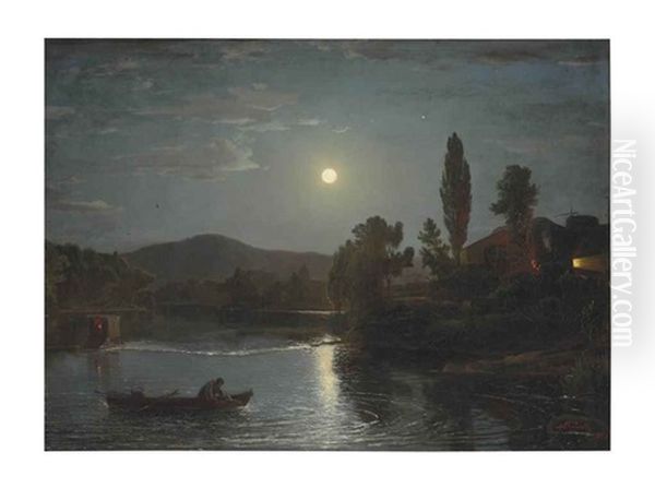 A Night River Scene Oil Painting by Dewitt Clinton Boutelle