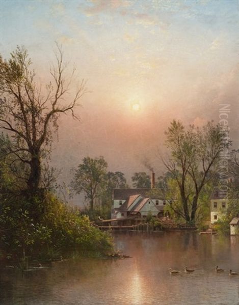 The Mill, Sand Island, Lehigh Valley, Bethlehem, Pennsylvania Oil Painting by Dewitt Clinton Boutelle