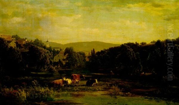 Landscape With Cows, A Town In The Distance Oil Painting by Dewitt Clinton Boutelle