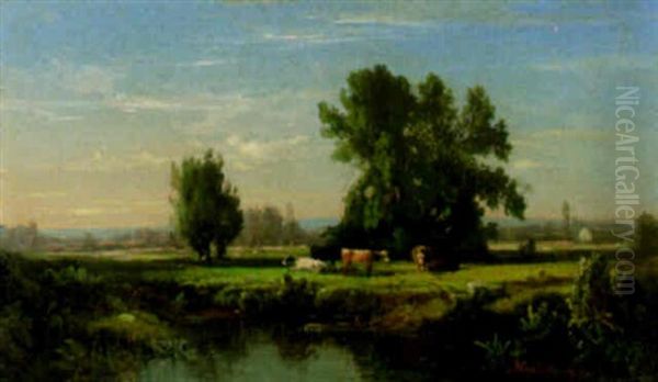 Cows Grazing By Pond Oil Painting by Dewitt Clinton Boutelle