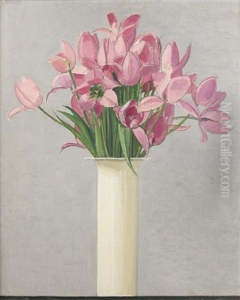 Tulipes Roses Dans Un Vase Blanc Oil Painting by Bernard Boutet De Monvel