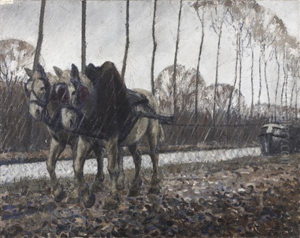 Les Chevaux De Halage Sous La Pluie Oil Painting by Bernard Boutet De Monvel