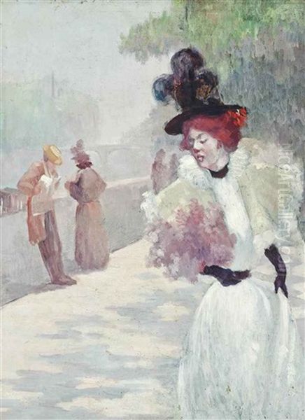 Une Elegante Sur Le Quai Conti, Paris Oil Painting by Henri Boutet