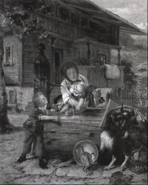 Mutter Mit Zwei Kindern Vor Dem Haus Oil Painting by Charles Edouard Boutibonne