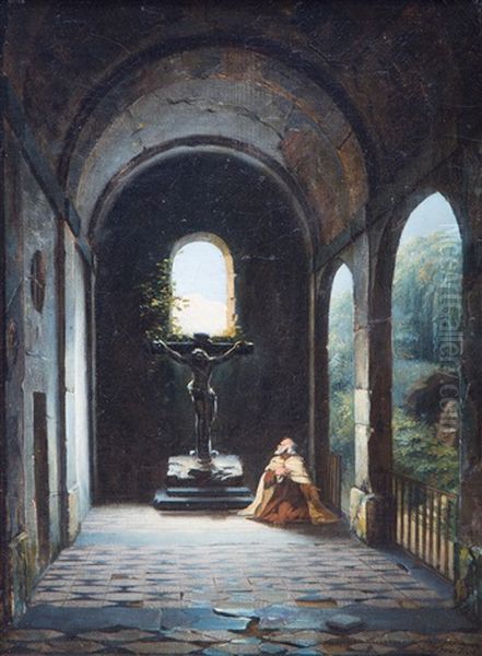 A Praying Monk In A Chapel Oil Painting by Charles Marie Bouton