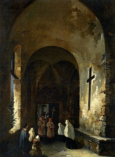 Procession Dans Un Cloitre Oil Painting by Charles Marie Bouton