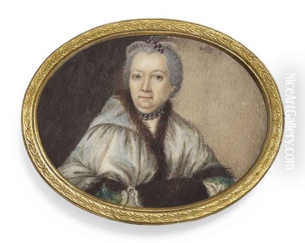 A Lady, In Fur-bordered Light-green Hooded Cape Over Green Dress With White Cuffs, Her Hands In A Brown Fur Muff, Wearing A Double Pearl Necklace Oil Painting by Guillaume Gabriel Bouton