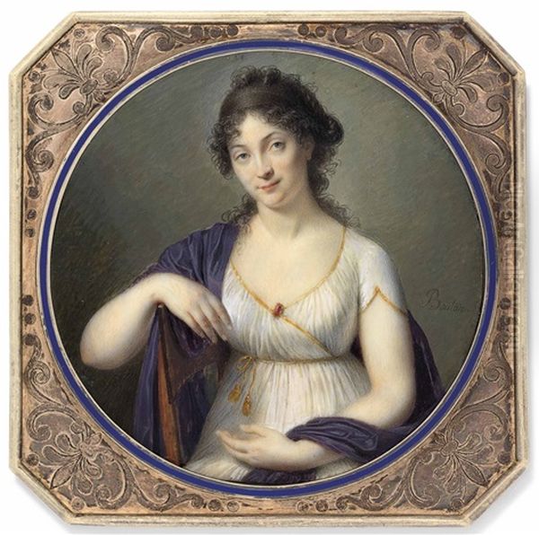 A Lady, Possibly Baronne Mechin, Nee Alexandrine-marie Raoulx, In White Dress And Purple Shawl, Seated In An Interior Oil Painting by Joseph Marie Bouton