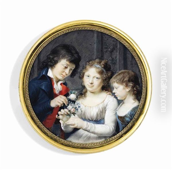 Three Children In An Interior: A Girl In White Dress With Lilac Sash And Ribbon In Her Hair Oil Painting by Joseph Marie Bouton