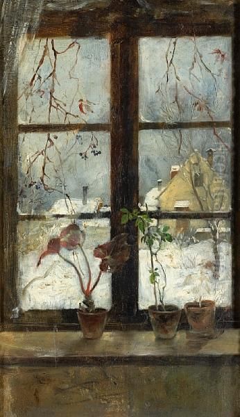 Snow Scene Through A Winter Window Oil Painting by Henry Alexander