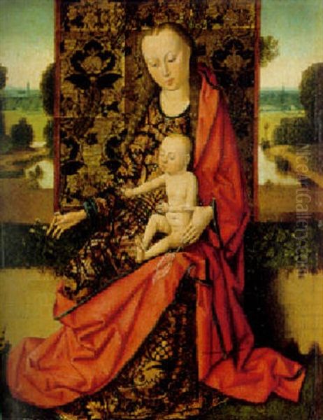 The Virgin Seated On A Low Wall Picking A Flower For The Child, Brocade And Landscape Beyond by Dieric Bouts the Younger