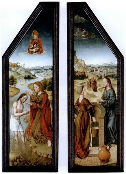 The Wings Of A Triptych: The Baptism Of Christ; And Christ And The Woman Of Samaria (pair In Collab. With Studio) Oil Painting by Aelbrecht Bouts