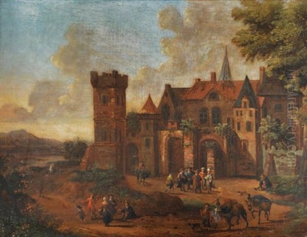 Groupe De Personnages Devisant Au Pied Du Chateau Oil Painting by Peeter Bouts