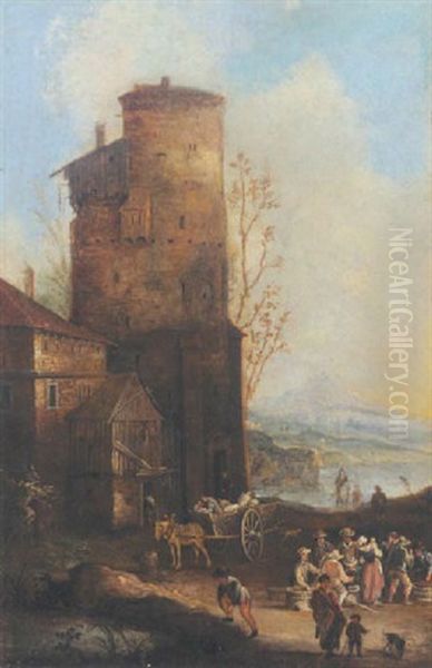 Landcape With Boors Selling Their Wares Before A Tower Oil Painting by Peeter Bouts