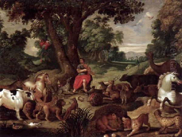 Orpheus Mit Den Tieren Unter Einem Baum In Weitlaufiger Waldlandschaft Oil Painting by Frederik Bouttats the Elder