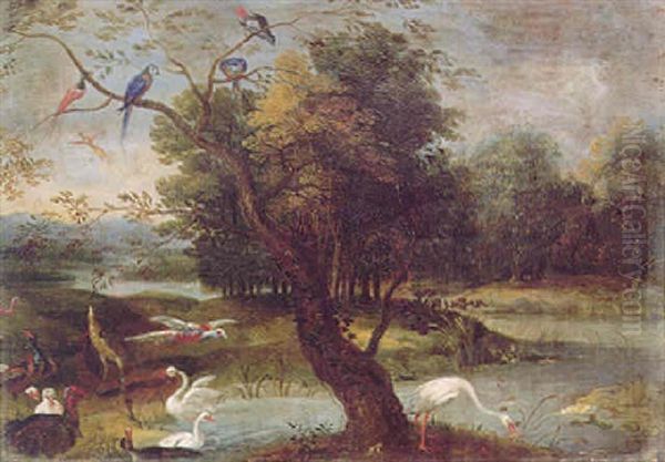 A Paradise Landscape With Numerous Exotic Birds Oil Painting by Frederik Bouttats the Elder