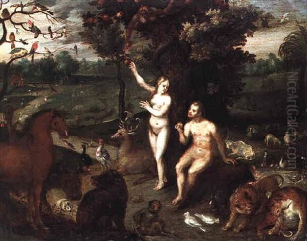 Adam And Eve In The Garden Of Eden Oil Painting by Frederik Bouttats the Elder