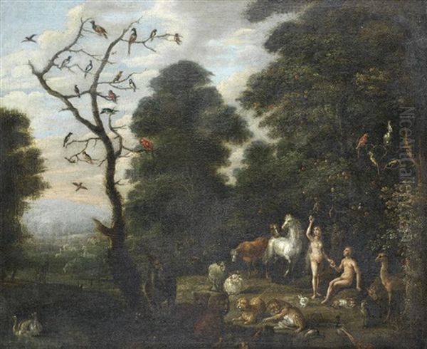 Adam And Eve In The Garden Of Eden Oil Painting by Jacob Bouttats