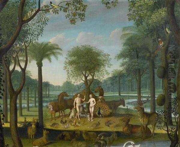 Paradiesszene Mit Adam Und Eva Oil Painting by Jacob Bouttats