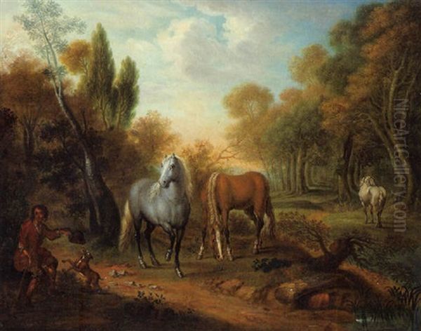 Zwei Schimmel Und Ein Brauner Sowie Ein Pferdeknecht In Einer Waldlandschaft Oil Painting by Jacob Bouttats