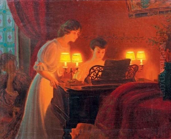 Jeunes Filles Au Piano Oil Painting by Henry Bouvet