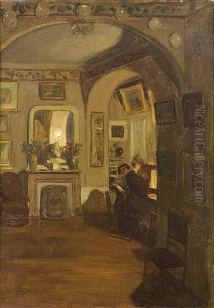 Deux Femmes Au Piano Dans Un Salon Oil Painting by Henry Bouvet