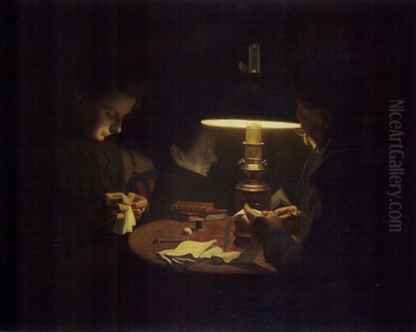 Autour D'une Lampe Oil Painting by Henry Bouvet