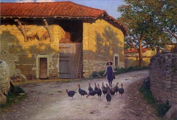 Le Retour Des Dindons A La Ferme Oil Painting by Henry Bouvet