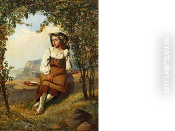 Neapolitan Girl Seated In A Coastal Vineyard Oil Painting by Augustus Jules Bouvier