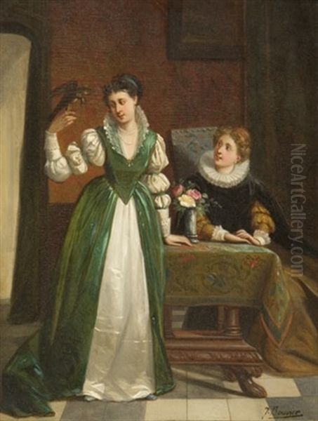 Ladies In An Interior With A Falcon Oil Painting by Jules Bouvier